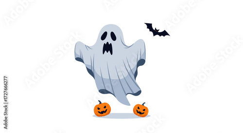 Spooky ghost with pumpkins and bat for Halloween celebration.