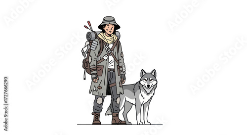 Adventurous Woman with Backpack and Loyal Wolf Companion.