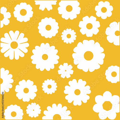 Retro style white flowers with dark red centers on yellow background.