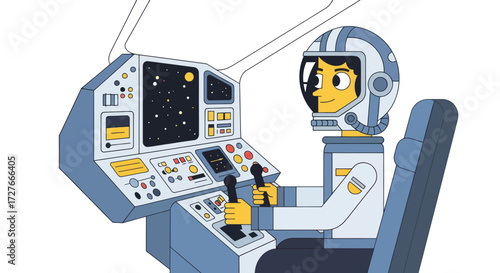 Cartoon Astronaut Piloting Spaceship Cockpit with Control Panel.