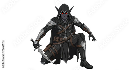 Dark Elf Assassin Crouching with Dagger.