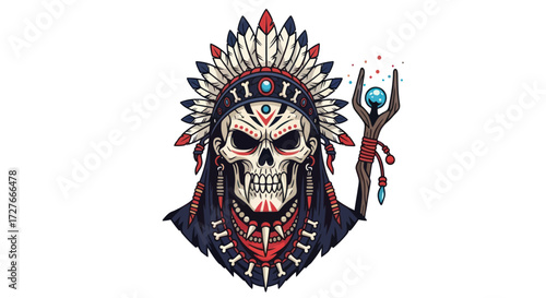 Skull adorned with Native American headdress and holding a staff.
