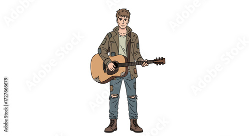 Young Man Playing Acoustic Guitar Standing and Performing.