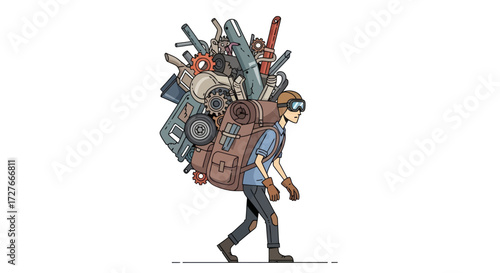 Burdened Figure Carrying a Heavy Load of Salvaged Metal and Mechanical Parts.