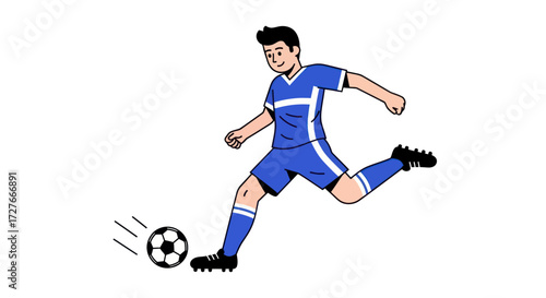 Dynamic Cartoon Illustration of Male Soccer Player Kicking Football.