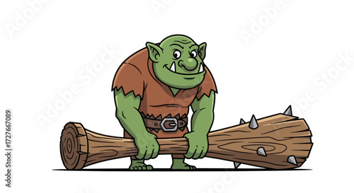 Cartoon Green Troll Holding a Wooden Club Smiling.