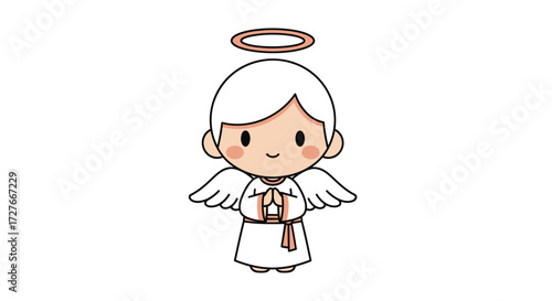 Adorable Cartoon Angel with Halo and Wings Praying.
