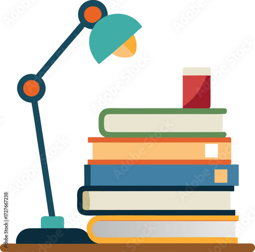 Desk lamp illuminating a stack of colorful books on a shelf isolated on white background