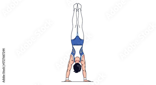 Athletic Gymnast Performing Handstand with Blue and White Uniform.