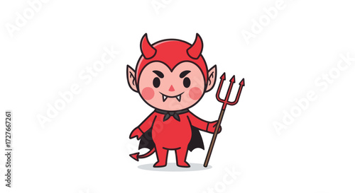 Cute Cartoon Red Devil Character Holding Trident.