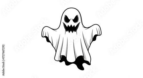 Spooky cartoon ghost with menacing grin and glowing eyes.