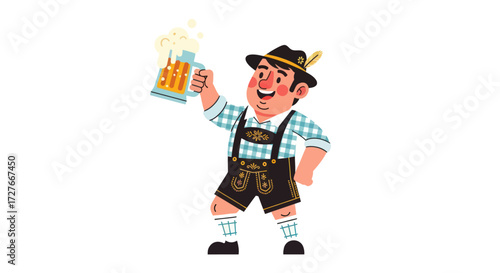 Cheerful Bavarian Man in Traditional Lederhosen Holding a Frothy Beer Mug.