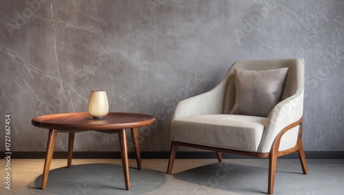A modern, stylish living room scene, featuring a light-toned armchair and a wooden coffee table, sits against a textured gray wall.