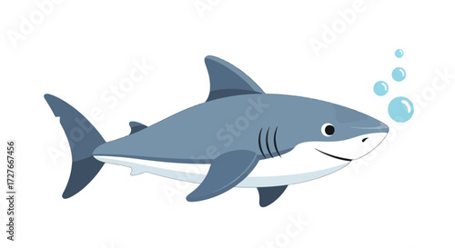 Cartoon Illustration of a Smiling Blue Shark with Bubbles.