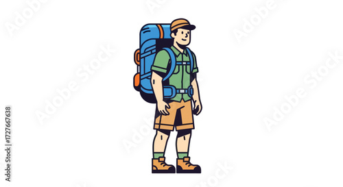Cartoon Man with Large Backpack Ready for Adventure.