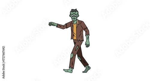 Cartoon Zombie Character Walking with Green Skin and Tattered Clothes.
