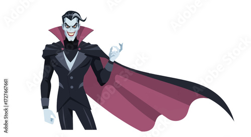 Sinister Cartoon Vampire Character in Classic Black Suit and Red Lined Cape.