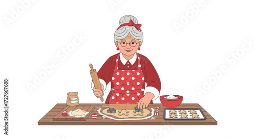Festive Grandmother Baking Christmas Cookies with Rolling Pin and Dough.