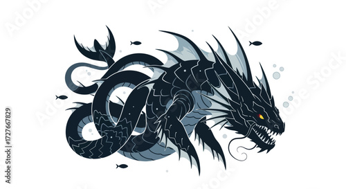 Majestic Black Sea Serpent Dragon with Spiky Fins and Flowing Tail.
