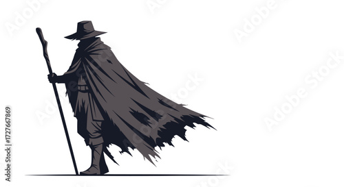 Mysterious Cloaked Figure with Wide-Brimmed Hat and Staff Dark Fantasy Character.