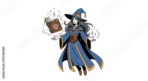 Anime Witch Casting Spell with Floating Book and Magic.