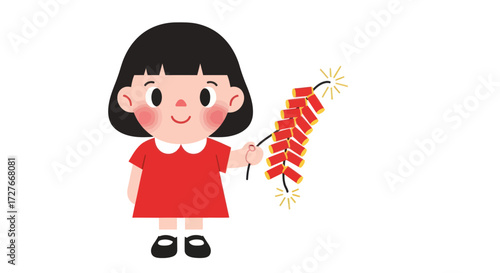 Cheerful Cartoon Girl Holding a String of Firecrackers.