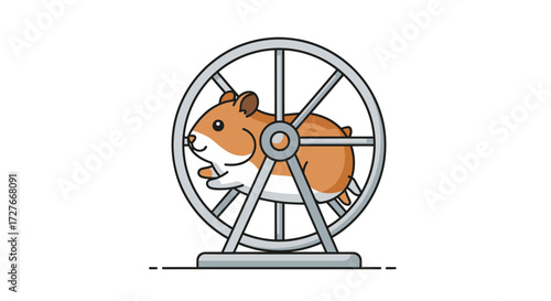 Cartoon Hamster Running in a Metal Exercise Wheel.