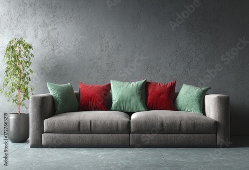 Modern gray sofa with vibrant red and green velvet cushions sits against a textured gray wall in a minimalist living space.