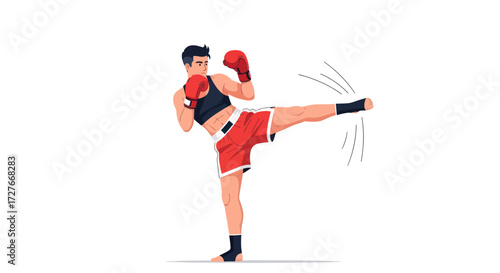 Athletic Woman Performing a Powerful Kick in Boxing Gear.