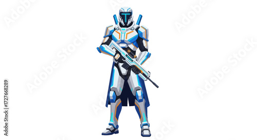 Futuristic Armored Soldier with Glowing Blue Rifle and High-Tech Suit.