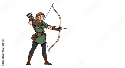 Fantasy Elf Archer Character Aiming Bow and Arrow.