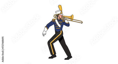 Dynamic Cartoon Marching Band Musician in Blue Uniform with Trombone.
