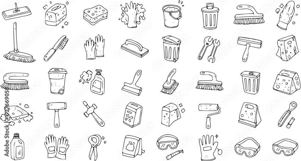 Naklejka premium Cleaning Tools Doodle Set: Hand-Drawn Illustration of Essential Supplies for Home, Office, and Industrial Cleaning