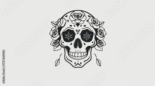 A detailed black and white illustration depicting a decorated sugar skull with floral elements.