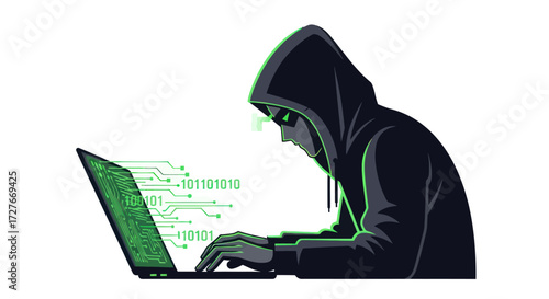 Anonymous hacker in a black hoodie using a laptop with glowing green code.