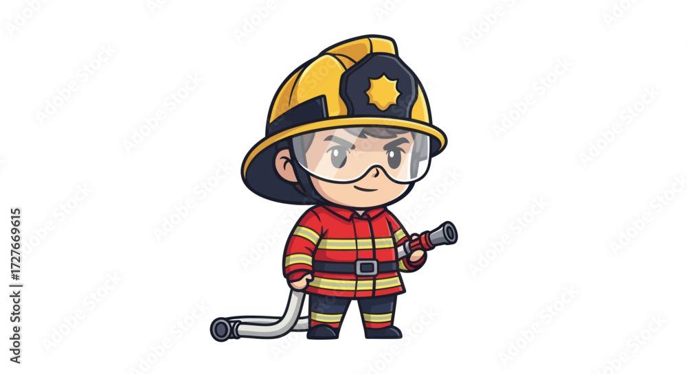 Fototapeta premium Cartoon Firefighter Character with Helmet and Hose.