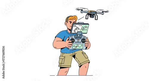 Man Operating Drone with Remote Control and Screen.