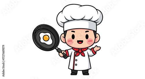 Adorable Cartoon Chef Holding a Frying Pan with Fried Egg.