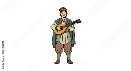 Medieval Musician Playing a Lute with a Cape and Hat.