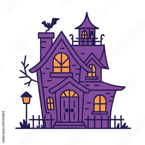 Haunted House Illustration with Bat, Spooky Windows, and Halloween Theme