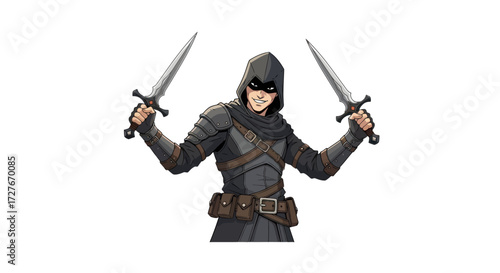 Smiling Assassin with Daggers: Hooded Figure in Dark Armor.