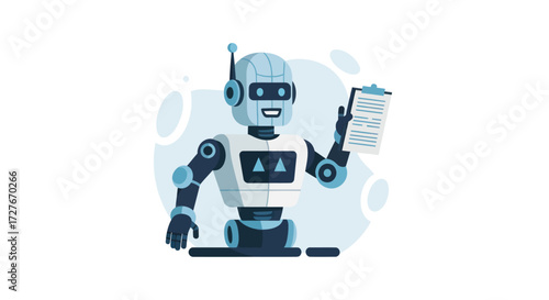 Friendly Robot Holding Clipboard Presenting Information and Data.