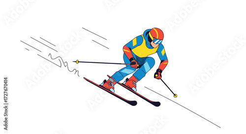 Dynamic Skier in Colorful Gear Descending Snow Slope.