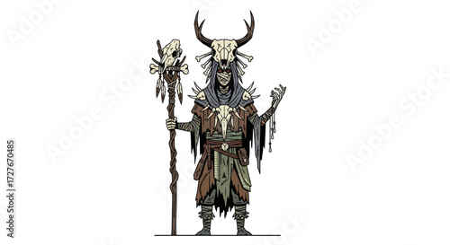 Fantasy Shaman Character with Antlered Skull Mask and Bone Staff.