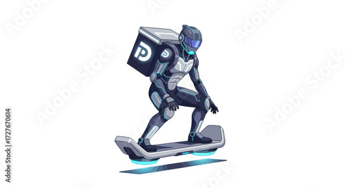 Futuristic Delivery Robot Riding Hoverboard with Logo Backpack.