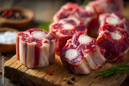 Fresh oxtail cuts on a wooden board, ready to be cooked and seasoned for a meal.