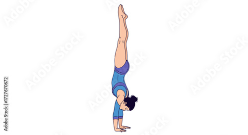 Woman performing a perfect handstand with legs extended upwards.