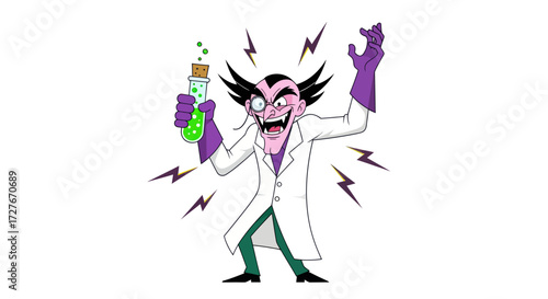 Mad scientist with wild hair and glowing potion wearing lab coat and purple gloves surrounded by lightning bolts.