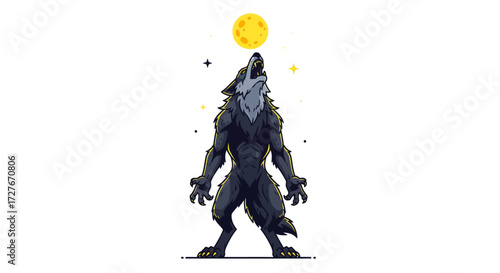 Fierce Dark Werewolf Howling at a Glowing Yellow Moon Illustration.