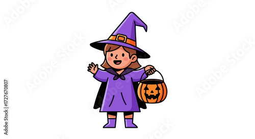 Adorable cartoon child dressed as a witch for Halloween holding a pumpkin candy bucket.
